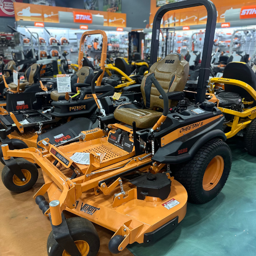SCAG Cheetah mowers on display inside Peter's True Value Hardware.