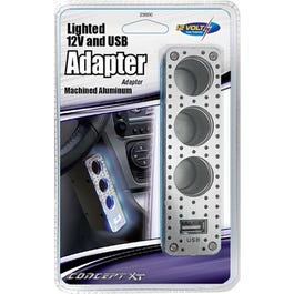 Car Triple-Socket Adapter With USB, Lighted, 12-Volt