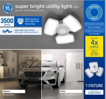 GE Lighting LED Super Bright Utility Light Fixture, 3 Adjustable Panels, Medium Base, 3500 Lumens, 35 Watt