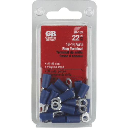 Gardner Bender 16 to 14 AWG #4 to #6 Stud Size Blue Vinyl-Insulated Barrel Ring Terminal (22-Pack)